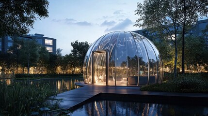 Obraz premium Illuminated geodesic dome structure beside a pond at dusk.