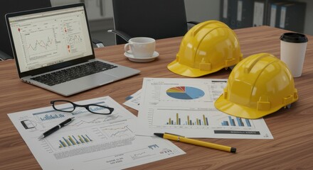 Realistic Office Environment with Laptop, Hard Hat, and Documents