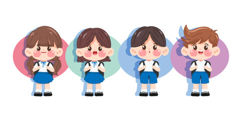 Group of cute cartoon kid student with backpack in uniform thai student.
