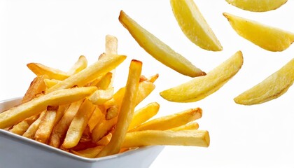 Dynamic Shot of Flying French Fries and Floating Potato Chips Isolated on White Background