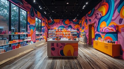 Naklejka premium Vibrant Beauty Store Interior with Colorful Abstract Mural Shelves of Cosmetics Hair Products
