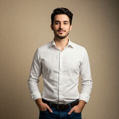 Fototapeta premium Confident Young Man Portrait on Beige Background with Hands in Pockets