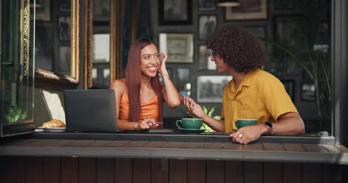 Students, cafe and people on laptop with handshake for meeting, first date and greeting in coffee shop. Happy, restaurant and man and woman with gesture for conversation, talking and flirting