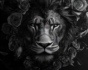 Obraz premium Majestic lion portrait, dark roses, dramatic lighting, powerful symbolism, art print