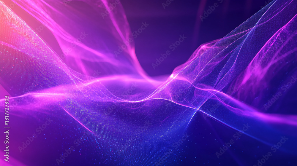 Poster Abstract image of flowing purple and pink light particles creating a dynamic, wavy texture Suitable as a background for various design projects, representing energy, movement and technology