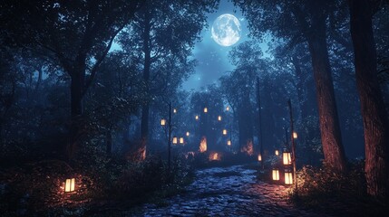 Moonlit forest path with lanterns. (1)