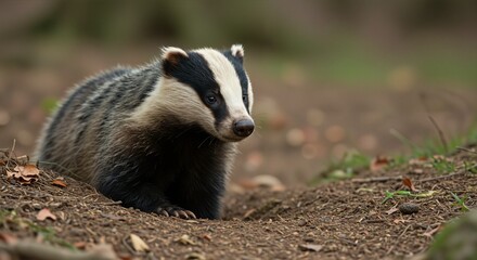 Obraz premium Badger exploring forest floor with curious expression amidst autumn leaves and soft blurred background