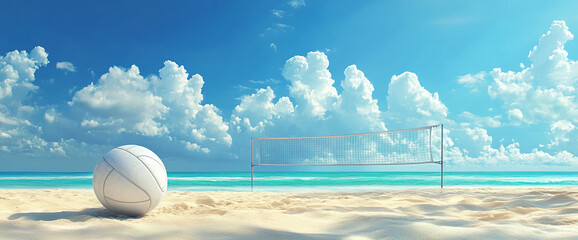 Beach volleyball scene: white ball on sandy beach, turquoise ocean, blue sky with clouds, volleyball net in background, suggesting summer, sport, and recreation