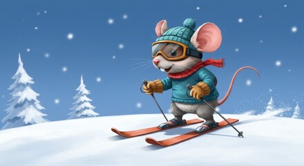 A Happy Mouse Skiing in the Winter Wonderland