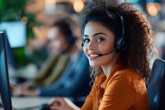 A woman wearing a headset is smiling at the camera. She is wearing an orange shirt and is sitting in front of a computer