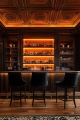 Luxurious home bar, whiskey collection, ornate ceiling, warm lighting, elegant interior