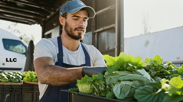 Farmer unloading fresh produce from truck with LLC logo