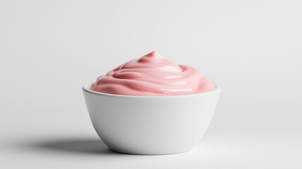 White bowl with pink yogurt isolated on white background
