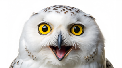 Surprised Snowy Owl with Bright Yellow Eyes and Open Beak - Isolated on White Background as Transparent. PNG. AI GENERATED