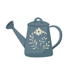 Metal watering can standing on white background, a gardening tool concept