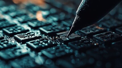 Close-up of a soldering iron tip touching a circuit board.