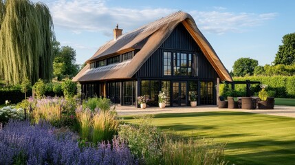 Stunning Modern Thatched-Roof House in a Serene Garden