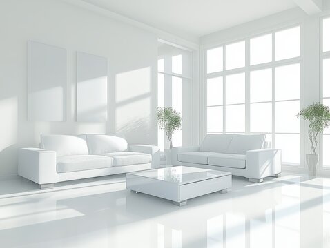 A bright spacious living room furnished in all white colors