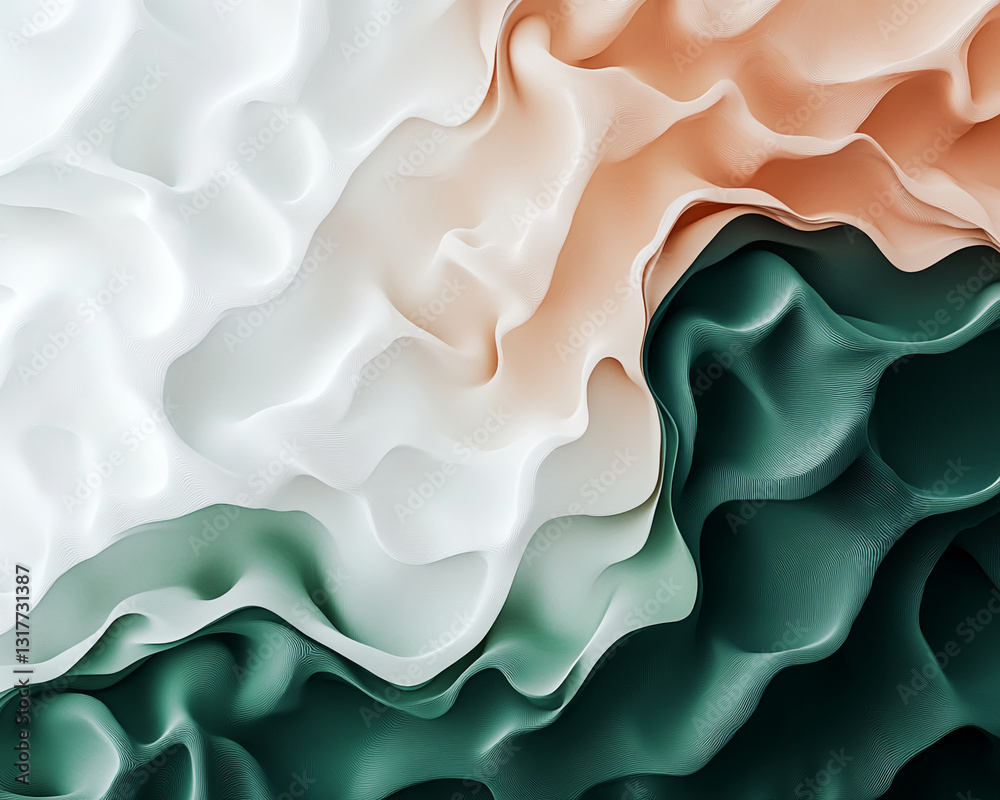 Poster abstract image of flowing white, peach, and teal shapes creating a dynamic, wavy texture, showcasing