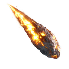 Large rock is falling from the sky, leaving a trail of fire in its wake on transparent background