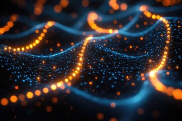 Abstract digital art, glowing particles in swirling patterns, vibrant orange and blue lights on dark background,  complex wave forms,  dynamic energy,  technological feel,  futuristic style
