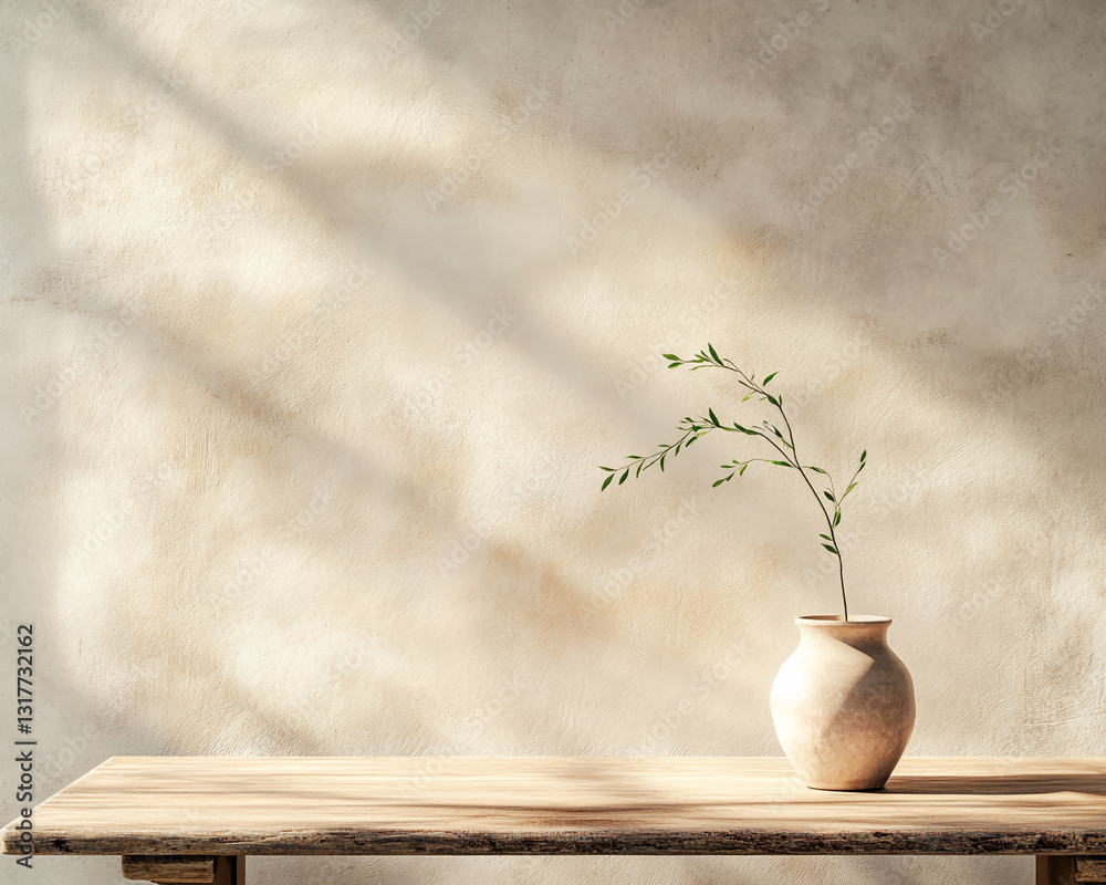 Poster simple beige vase with green branch on rustic wooden table against textured wall background free spa