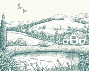 Fototapeta premium Peaceful countryside cottage, pond, rolling hills, birds flying, idyllic scene