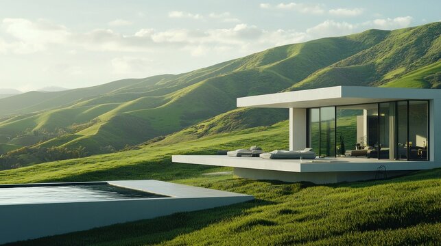 Modern minimalist house with pool overlooking green hills.