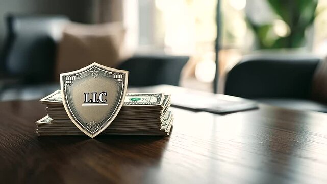 Graphic Shield Protecting Cash with LLC Imprint on Modern Table