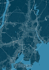 This is a detailed map of Busan, South Korea, rendered in a minimalist style. The map features a deep blue color scheme, with white lines representing roads and waterways.