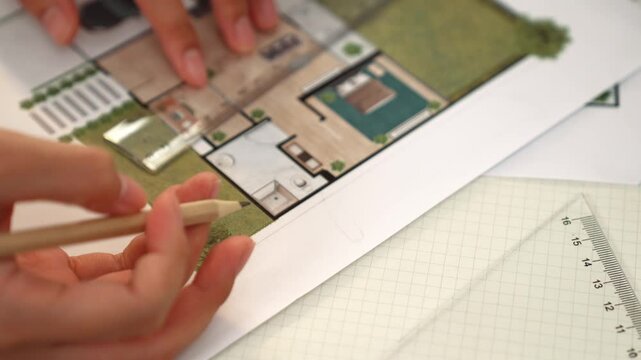 Professional engineer team discussion about house design on meeting table with architectural equipment and building blueprint scatter around at modern office. Focus on hand. Closeup. Delineation.