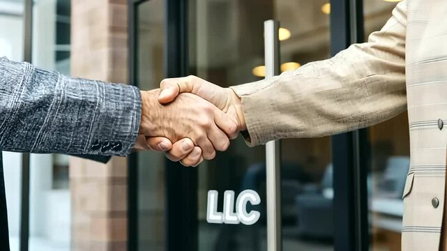 Handshake between partners at LLC storefront opening