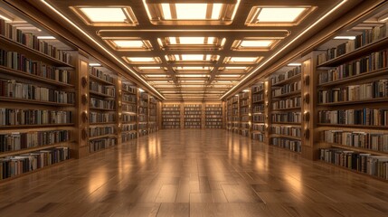 Grand library interior with wooden bookshelves, warm lighting, and glossy floor.
