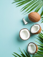 Fresh coconuts cut open on a turquoise background surrounded by green palm leaves