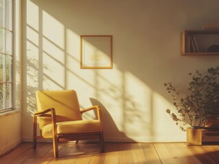 A cozy room corner with yellow chair and natural sunlight