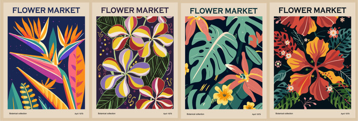 Set of abstract Flower Market posters. Trendy botanical wall arts with exotic floral design in vivid bright colors. Modern naive groovy funky interior decorations, paintings. Vector art illustration. © Digital Nomad