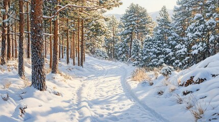 Fototapeta premium Sunny winter path through snowy pine forest