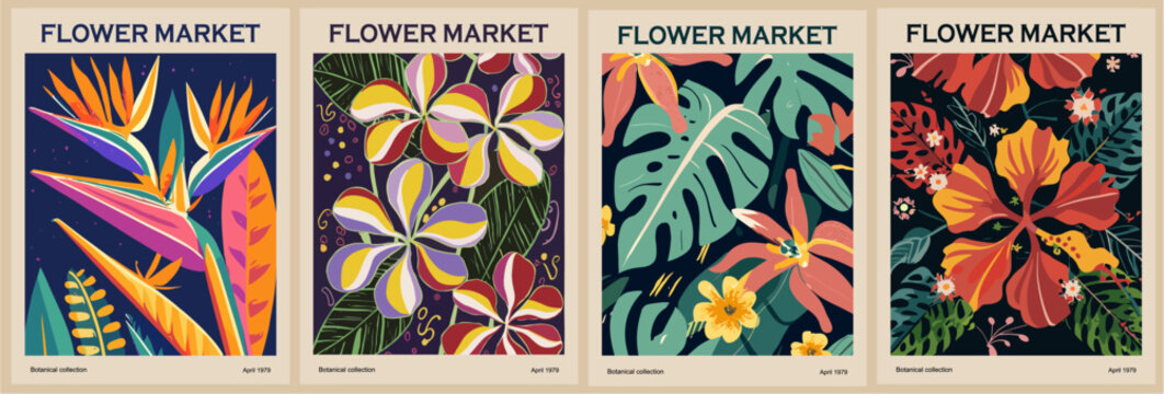 Set of abstract Flower Market posters. Trendy botanical wall arts with exotic floral design in vivid bright colors. Modern naive groovy funky interior decorations, paintings. Vector art illustration.