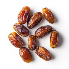 A top down view of a cluster of ten dates arranged on a plain white background