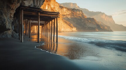 Sunrise beach pier cliff coast ocean