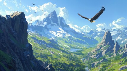 Fototapeta premium Majestic eagle soaring over snow-capped mountains and green valley.