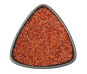 Pile red quinoa in bowl isolated on white, top view