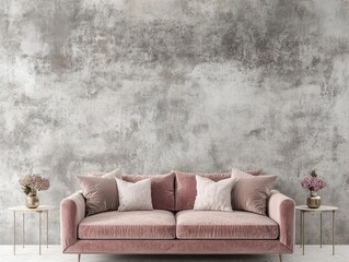 A pink sofa and decorative side tables against a concrete wall