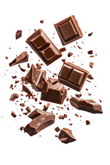 A dynamic composition of chocolate pieces breaking apart in mid-air, featuring realistic textures and rich brown tones