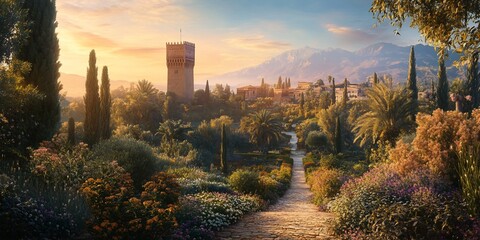 Sunset garden path, tower view, mountain backdrop. Travel brochure