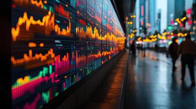 Vibrant stock market display reflecting urban life with blurred pedestrians in the background