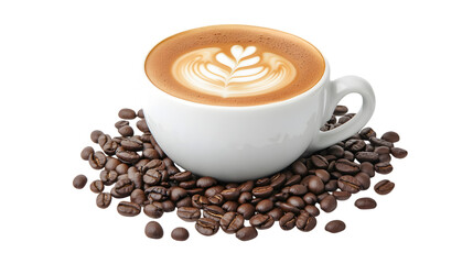 High-resolution image of a cappuccino in a white ceramic cup, featuring a delicate latte art design, surrounded by roasted coffee beans