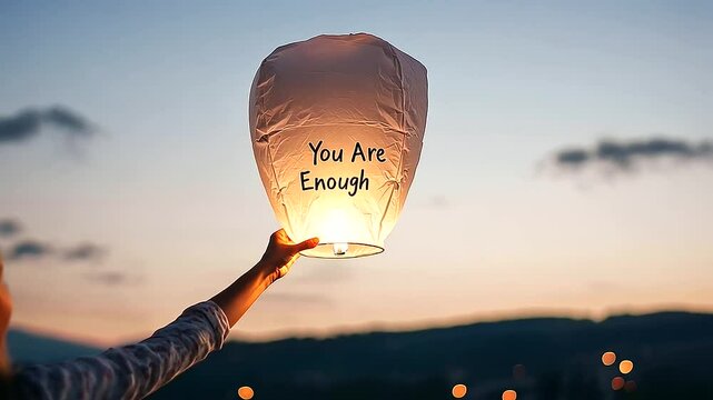 Person releasing a paper lantern with You Are Enough written on it