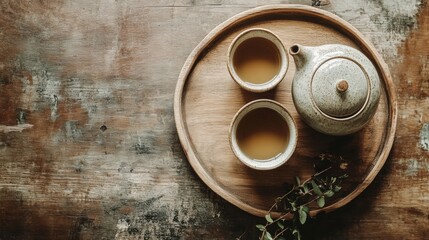 A wooden tray with a teapot, two cups of tea, and a sprig of greenery.