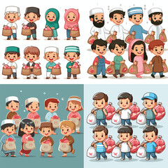 A group of children with cheerful smiles carry bags of sacrificial meat to be distributed to people in need.